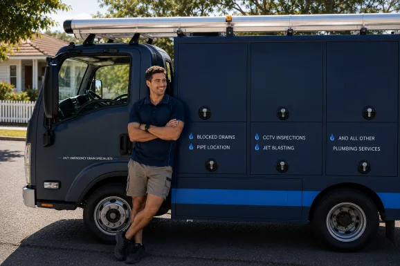 Our plumber with the service van on a Frenchs Forest job