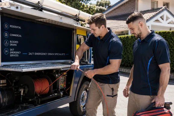 Two plumbers working on a blocked drain in Frenchs Forest