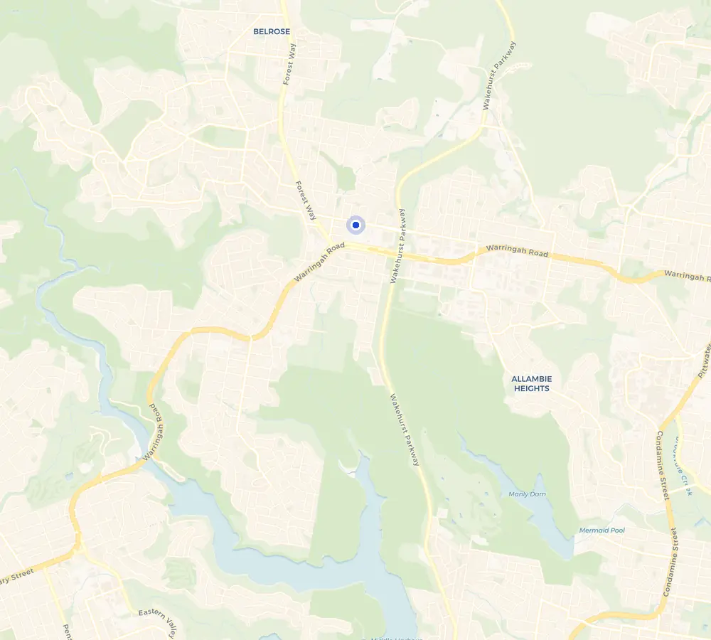 Map of the Frenchs Forest service area and the surrounding Northern Beaches, showing Frenchs Forest and the nearby streets we cover.